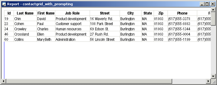 Shown is the report named contact grid _ with _ prompting. It has columns for I d, Last Name, First Name, Job Role, Address, Phone, and Fax. All the entries for Last Name start with the letter c, and all the entries for City are Burlington.