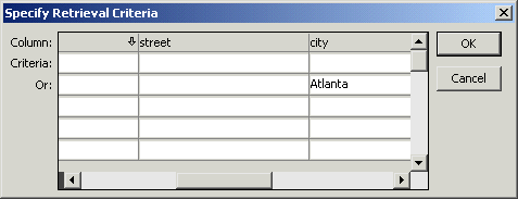 Shown is the Specify Retrieval Criteria dialog box. It is a grid with a row of Column names across the top and two more rows labeled Criteria and Or. Under the column named city, the Or cell shows the entry Atlanta.
