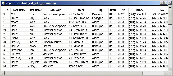 Shown is the report named contact grid _ with _ prompting. It has columns for I d, Last Name, First Name, Job Role, Address, Phone, and Fax. All the entries  have either a Last Name starting with the letter c or an address in the City of Atlanta.