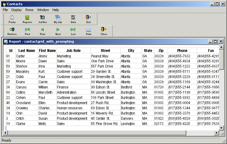 Shown is the report named contact grid _ with _ prompting. First are listed all the entries with an address in the City of Atlanta. Next are listed all entries with a Last Name starting with the letter c.