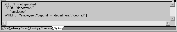 The sample shows the Table Layout view of the Select painter. The view displays the contents of department and employee tables, listing the columns in each. The label and datatype for each column is shown, and the tables are joined at the dept _ i d column. The syntax tab view at the bottom of the sample screen displays a sequel Select statement.