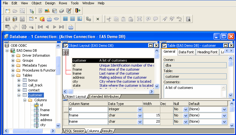 The sample shows the Database painter. At top left is a scrollable list of Tables. At top right is the Object Layout box displaying two tables, fin _ data and fin _ code, and the names of their columns. Shown are icons for primary and foreign keys on lines that connect and indicate the key relationships between the two tables. At bottom is the Extended Attributes page, which displays a tree structure  of available Display Formats and Edit Styles.