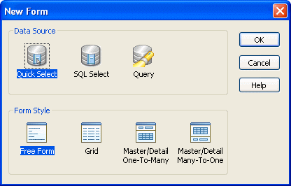 The sample shows the New Form dialog box. At top is a group box labeled Data Source with labeled icons  for Quick Select,  Sequel Select, and Query. At bottom is a group box labeled Form Style with the choices Free Form, Grid, Master / Detail One To Many, and Master / Detail Many To One.