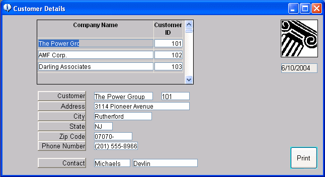 The sample shows a master / detail  many to one form labeled Customer Details. The left top section displays a scrollable grid with columns for company name and Customer I D. Below it is a scrollable grid that displays six rows of data for the selected company in columns labeled Customer, Address, City, State, Zip Code, Phone Number, and Contact. 