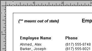 The sample shows the upper left quadrant of a report, with rulers along the left and top margins that have arrows marking off the width of the top and left margins.