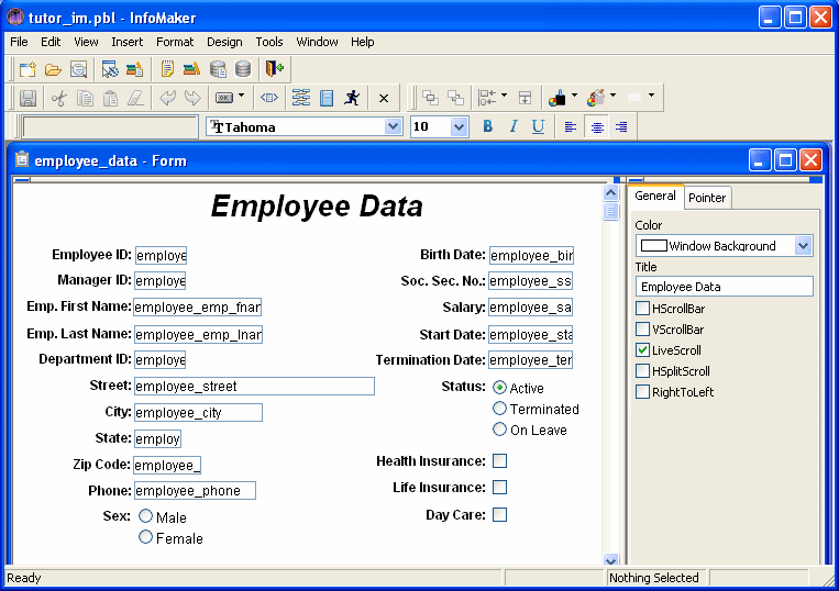 Shown is the Form painter Layout view for a Freeform form style. At top are a menu and three toolbars, then a field displaying the selected form, which is Employee Data, the font, which is Arial, the point size, which is set at 20, and buttons for Bold, Italic, and Underline. Below this at left is a partial view of the layout of the data, and at left is the General tab with a selected check box for Visible, a Border drop down list with No Border ( 0 ) selected, an Alignment dorp down set at Center ( 2 ), and a box labeled Text with the entry Employee Data. 