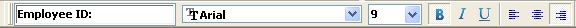 Shown is the Style Bar. It has a text field that displays the text whose properties you want to modify, which is Birth Date in this sample, then drop down list boxes for font, set to Arial, and point size, set to 9, then icons for bold, italic, underline, left, center, and right justify.