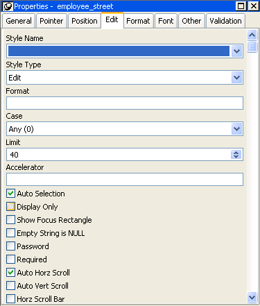 For employee _ data - Form, the sample shows the Layout view at left with the column employee _ street selected. At right is the Edit tab of the Properties view for this column, which has, from top to bottom, a drop down list box for Style Name, a drop down for Style Type with Edit selected, a text box for Format, a drop down for Case, a spin control for Limit that is set to 40, a text box for Accelerator, and check boxes for Auto Selection, Display Only, Show Focus Rectangle, Empty String is NULL, Password, Required, and Auto Horizontal Scroll. The first and last check boxes are selected. 