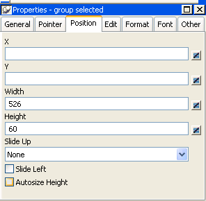 Shown is a sample Position tab page of the Properties view. It displays boxes for window settings.  X is set to 508, Y to 517, Width to 526, Height to 57. Next is a drop down list box labeled Slide up with the value None and cleared check boxes for Slide Left and Autosize Height.