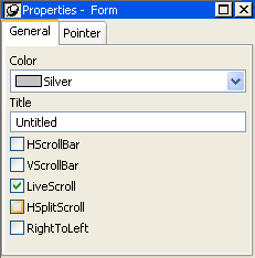 Shown is the general tab page of the Properties view. It has a drop down for Color with the entry Silver, a Title box with the title Employee Data, and check boxes for H Scroll Bar, V Scroll Bar, Live Scroll, which is selected, then H Split Scroll and Right To Left.