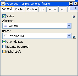 Shown is a sample general page in the Properties view. At top is an Alignment drop down list bos with the value Left ( 0 ). A Border drop down with the value Lowered ( 5 ), a selected check box for Override Edit, and cleared check boxes for Equality Required and Right To Left.