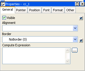 Shown is the General tab page of the Properties view with drop down list boxes for Alignment, which is blank, and Border, with the value No Border ( 0 ). At bottom is a scrollable display area labeled Compute Expression.