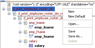 The example shows the pop up menu for the Export slash  Import Template view with the menu items New, New Default, Open, Save, Save As dot dot dot, and Delete.