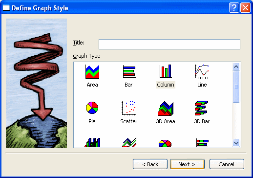 The sample shows the Define Graph Style page in the Data Window wizard. It has a text box for the graph’s title and a scrollable region displaying labeled icons for the Graph types available. Those displayed include Area, Bar, Column, Line, Pie, Scatter, 3 D area, and 3 D Bar.