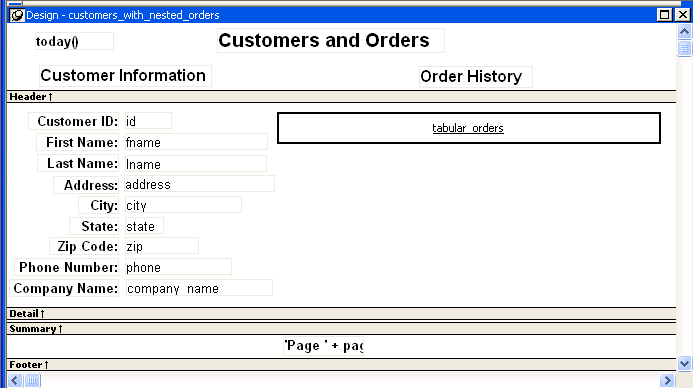 The Design View sample shows a header band for the Customers and Orders report that includes the title Customer Information on the left and Order History on the right. In the Detail band, labels and columns display on the left for the for I D, name, address, and phone information for a customer. On the right there is only a box labeled  tabular orders.