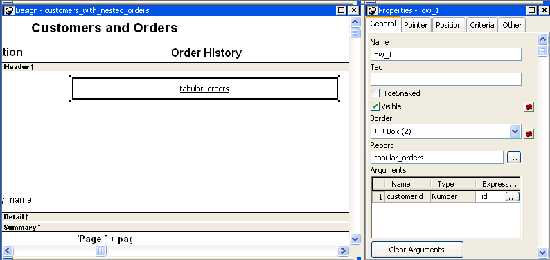 The sample displays the General page of the Properties view superimposed on the right side of the report. Highlighted is the Arguments box at the bottom. It displays the column headings Name, Type, and Express dot dot dot. Under the headings is an argument numbered one with the Name customer i d, of Type Number, and an empty expression field, which has focus. At the bottom of the Arguments box is a button labeled Clear Arguments.