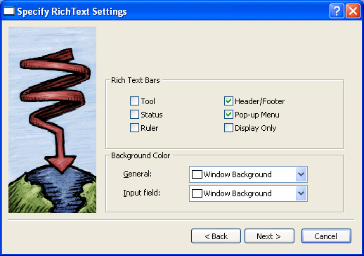 The sample shows the Rich Text Settings screen. At top is the Rich Text Bars box, which has check boxes for Tool, Tab, Ruler, Header / Footer, which is selected, Pop up Menu, which is also selected, and Display Only. Below that is the Background Color box with drop down list boxes for General and for Input field. Both display the selection Window Background.