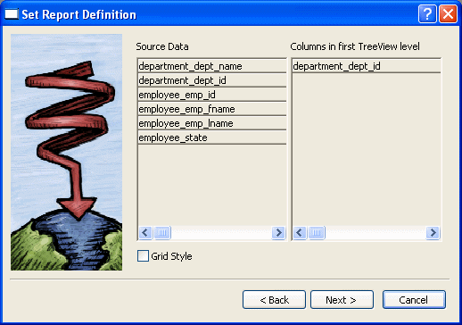 In the Set Report Definition dialog box, the department column has been dragged from the left pane to the right pane.