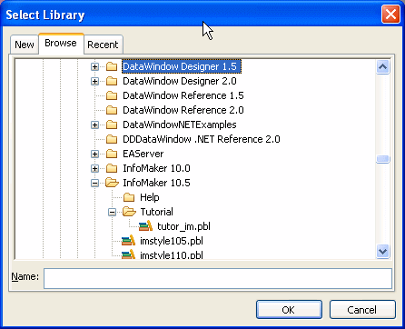 The sample shows the Browse tab page of the Select Library dialog box. Displayed is an open folder named 0 8 p b ls with the names of the many library files it contains indented beneath it. Each p b l file is marked by a building shaped icon that signifies a library.