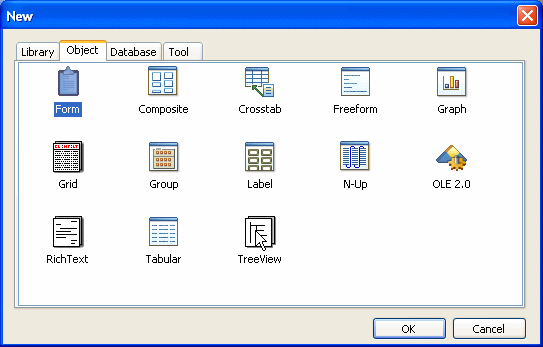 The sample shows the Object tab page, which displays a series of labeled icons. The icons shown are Form, Composite, Crosstab, Freeform, Graph, Grid, Group, Label, N - Up, OLE 2 point 0, Rich Text, and Tabular.