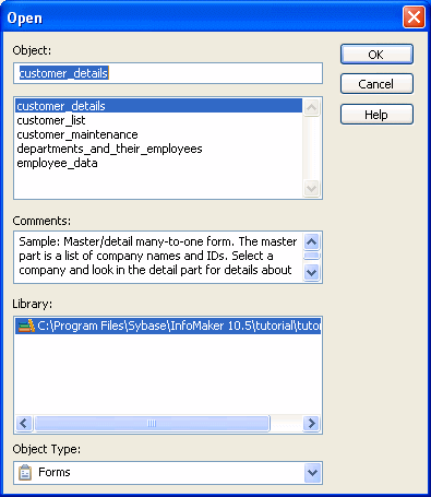 The sample shows the Open dialog box with the Object emp _ total _ compensation displayed in the Object box at the top and selected from a scrollable list of objects underneath it. Next is a comments box that describes the object as a tabular report showing total compensation for all employees. Below this is the Library where the object resides. At bottom is an Object Type box displaying the type Reports.