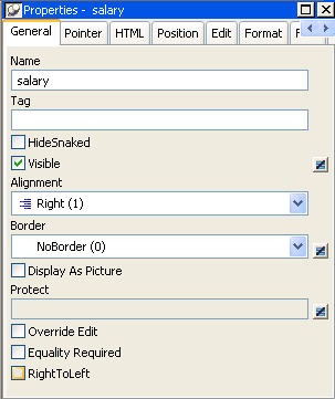 The sample shows the General tab in the Properties view. At top is a Name box displaying the column name dept _ i d. Next is the Tag box displaying " The department i d is a 3 digit code. It is the key field dot dot dot." A Hide Snaked check box is cleared. Next is a selected check box labeled Visible. Alignment is displayed as Center ( 2 ), Border as No Border ( 0 ). A Display As Picture check box is cleared, a box labeled Protect is blank. Next are cleared check boxes for Override Edit, Equality Required, and Right to Left.