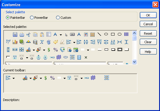 The sample shows the Customize dialog box. At top is a box labeled Select palette with radio buttons for Painter Bar, Power Bar, and Custom. Painter Bar is selected. Below is an area labeled Selected palette displaying all the buttons available on the Painter Bar palette. Below that is a box labeled Current toolbar that displays the currently selected buttons. At bottom is the label Description : and the text " Space evenly horizontally."