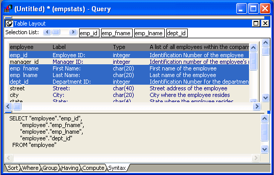 The sample shows the Query painter with Table layout for the employee table at top and the Sort page displayed at bottom. Selected from the employee table drop down list are four columns.The columns have been dragged and dropped into the Sort box in the desired sort order.