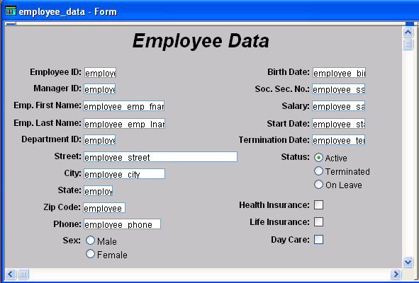 This sample shows a form titled Employee Data that was created with the predefined Info Maker freeform form style. All the displayed employee data fields are aligned left justified in two columns. At the left of each field is a label for the field such as Employee I D : and Manager I D :. The labels are right justified. The form includes text boxes, radio buttons, and check boxes.