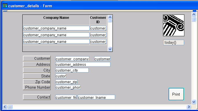 This sample report was formatted using the predefined Info Maker Master / detail many to one form style. At top is a scrollable two column master section listing Company Names and their Customer I Ds. Below this is detailed information for the selected Company Name. It includes left justified text boxes of displayed data with right aligned labels to their left. The selected company in the master section is The Power Group and data for this customer such as  Address and Contact information is displayed in the detail section.