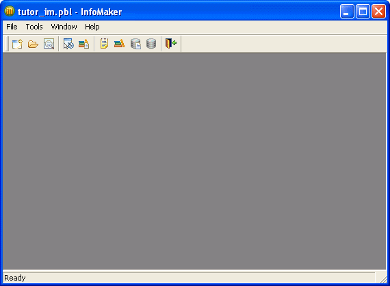 The sample shows the window that displays when Info Maker starts. Across the top is a menu bar showing the items File, Tools, Window, and Help. Below this is the PowerBar with the icons users can click as an alternative to using menus. The icons shown are for performing  tasks such as creating a new object, opening an existing object, changing libraries, or accessing a database.