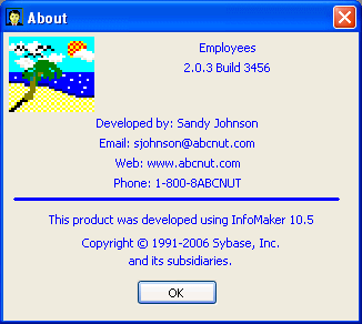 The sample shows a customized window titled. Underneath a logo and the application title and builde information is customized text "Developed by: Sandy Johnson Email: s johnson @ sigh base dot com, Web: www dot sigh base dot com, and Phone: 1 - 800 - 8 S Y B A S E."