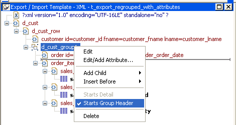 The sample shows a default template with a dark tag icon next to the group named order i d = sales _ order i d date _ sales _ order _ order _ date. A pop up menu for this group shows a checkmark next to the Starts Group Header menu item.