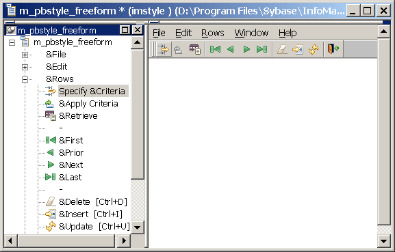 On the left half of the sample screen are a menu bar and a toolbar. On the right is an expanded list of menu items under m _ p b style _ free form. Specify Criteria and its associated icon appear together in the list on the right. The icon also appears on the tool bar on the left.