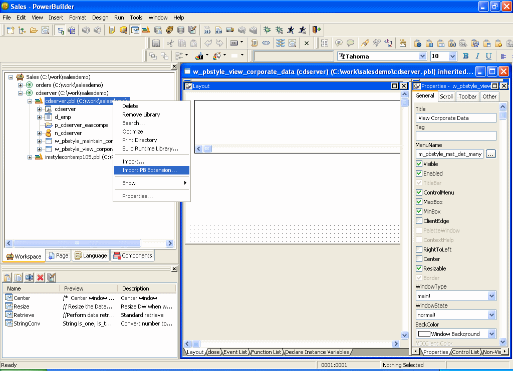 The left pane of the screen shows an expanded tree view with object communication expanded and OpenWithParm & CloseWithReturn selected. The upper right pane displays a description of the example, and the lower right pane displays a description of the techniques exemplified