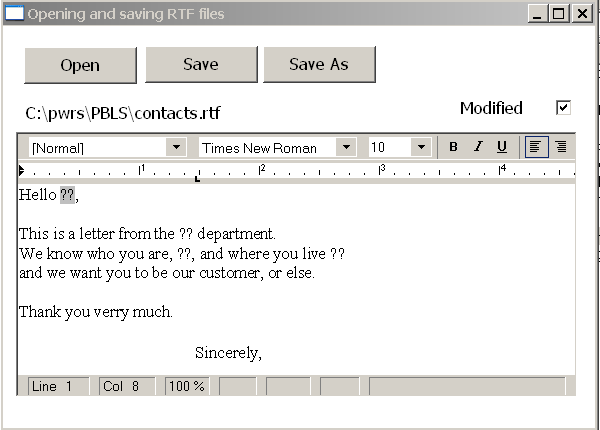 The screen for opening and saving RTF files has three buttons across the top, Open, Save, and Save As. The name of the open file displays below the buttons, and a Modified checkbox indicates whether the file has been changed. The formatting toolbar is next, and below it is the text of the open file.