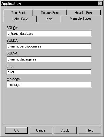 A sample shows the Application painter open with the variable types tab open and the variable types property page displayed. The first box  at the top of the page is labeled Sequel C A. The entry in the box is u _ trans _ database.