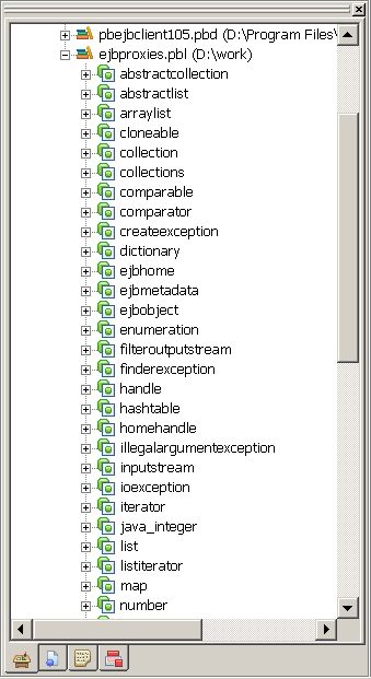 The example shows the System Tree with the expanded node e j b proxies dot p b l ( D : backslash work). Under it are displayed the signatures of all the methods in that node.