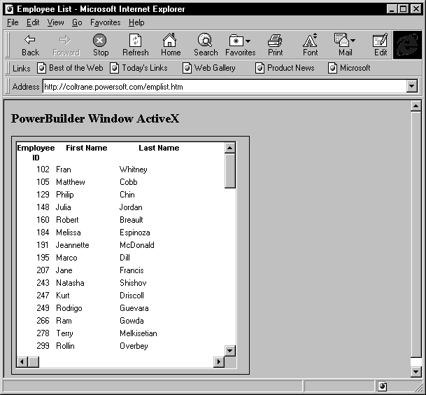 Under the title PowerBuilder Window Active X, the sample page includes a window displaying an employee list of three columns labeled  Employee I D, First Name, and Last Name. The window has horizontal and vertical scroll bars and is left-justified in the display area.