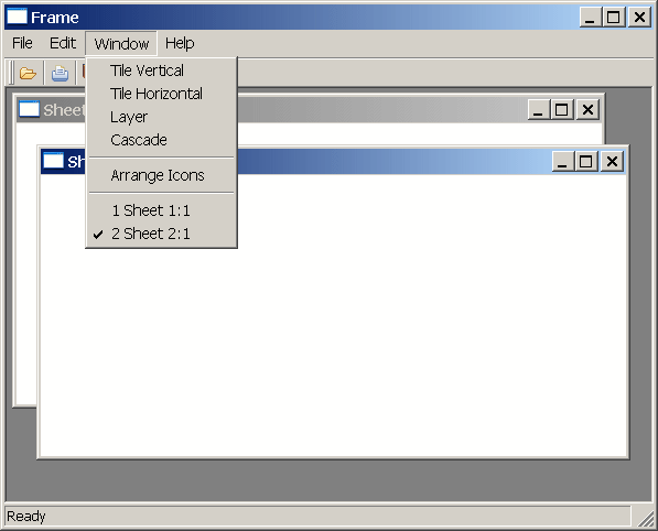 The frame display has two open sheets. The Window choice on the menu bar has an open drop-down menu. At the bottom of the menu are listed the open sheets, Sheet:1 and Sheet:2. The active sheet, Sheet:2, has a checkmark.