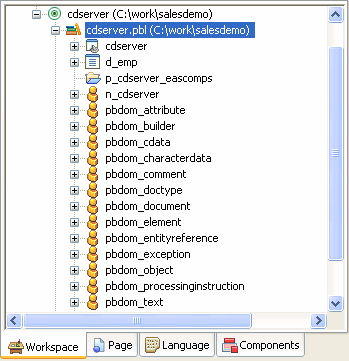 The sample screen shows p b dom (D: backslash DOC backslash p b dom), and under it the p b dom p b d and all of its objects, which include p b dom _ attribute, builder, c data, character data, comment, doc type, document, element, entity reference, exception, object, processing instruction, and text.