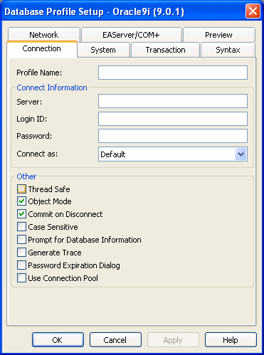 The sample shows the connection page of the Adaptive Server Enterprise dialog box. At top is a box for Profile Name, then a box for Connect Information that groups boxes labeled Server, Login I D, Password, Database, and Release. Release has a drop down list box. At bottom is a box labeled Other that groups a box for Isolation Level , with the entry Read Committed selected from the drop down list, and then check boxes for Auto Commit Mode, Commit on Disconnect, Display Runtime Dailog When Password Expires, Prompt for Database Information, and Generate Trace. Only the Commit on Disconnect check box is selected in the sample.