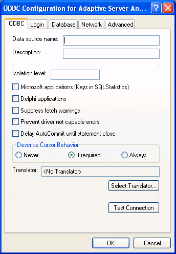 The sample shows the ODBC page of the ODBC Configuration for Adaptive Server Anywhere dialog box. At top is the Data source name, shown as A S A 8 dot 0 Sample, and the Description Adaptive Server Anywhere Sample Database. Next are boxes for Translator and Isolation level, then check boxes for Microsoft applications, Prevent driver not capable errors, and Delay Auto Commit until statement close. Next is an area for Describing Cursor Behavior, with radio buttons for Never, If required, and Always. If required is selected. At bottom right is a Test Connector button.