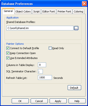 The sample shows the General tab page of the Database Preferences dialog box. At top is an Applicaiton area with a box labeled Shared Database Profiles. Selected is the profile I : backslash Share backslash P B dot I N. Next are Painter Options with selected check boxes for Connect to Default Profile, Keep Connection Open, and Use Extended Attributes. A check box for Read Only is cleared. A field labeled Columns in Table Display shows the entry 8, sequel Terminator Character displays a semicolon, and Refresh Table List is set to 1800 Seconds. At bottom is a default button.