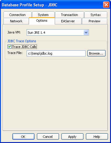 The sample shows the Options tab page of the Database Profile Setup for J D B C. The Jave V M box displays Sun J R E 1 dot 3. Under J D B C Trace Options, the Trace J D B C Calls check box is selected and the Trace File box  displays c :  temp  j d b c dot log