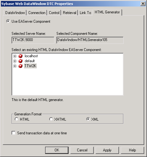 The HTML Generator tab of the Sybase Web DataWindow DTC 10.5 Properties where you select the generation format: HTML, XHTML, or XML