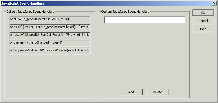 he JavaScript event handlers dialog box displays. Event handlers are shown on the left, and custom handlers are shown on the right.