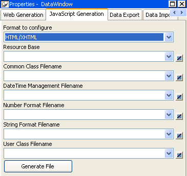 DataWindow JavaScript Generation properties:  Format to Configure, Resource Base, Common Class File Name, DateTime Management File Name, Number Format Filename, String Format Filename, and User Class Filename