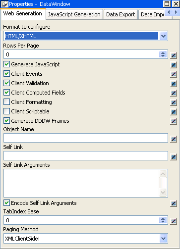 DataWindow Web Generation properties page