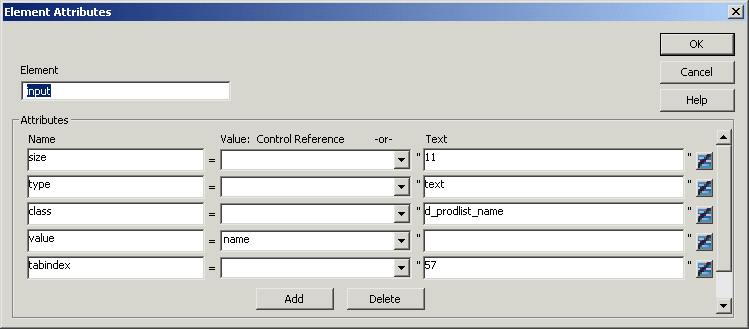 The sample shows the Element Attributes dialog box with the Element d _ dept _ list displayed. Under the element is an attributes box that lists the dept and dept _ head _ i d attributes. For dept, no control reference is displayed, but the Text value is set at 0. For dept _ head _ i d, the Control Reference value of dept _ head _ id has been selected from the drop down list. Expression buttons appear to the right of the two attributes.